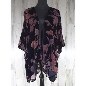 Entro Kimono Cardigan S/M Navy Blue Pink Floral Velvet Burnout Velvet Oversized